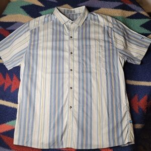 Kuhl Intriguer Snap Front Shirt Mens Large Blue Striped Short Sleeve